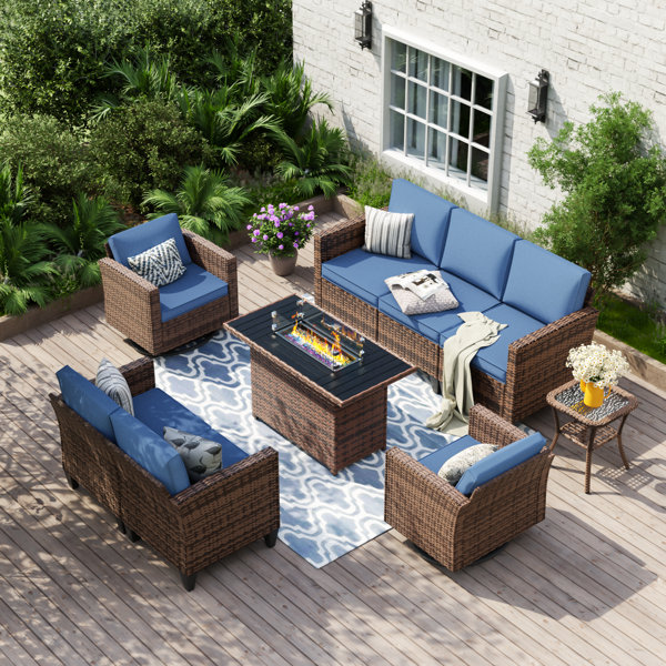 Ebern Designs Kisner 7 Person Outdoor Rattan Patio Sofa With Fire Pit